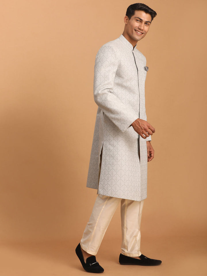 Vastramay Men's Grey Jaccard Sherwani With Cream Pant Set