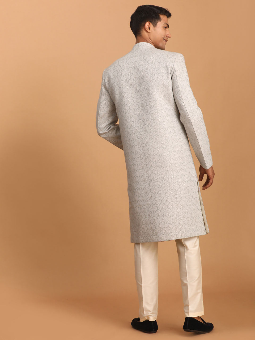 SHRESTHA By VASTRAMAY Men's Grey Jaccard Sherwani With Cream Pant Set