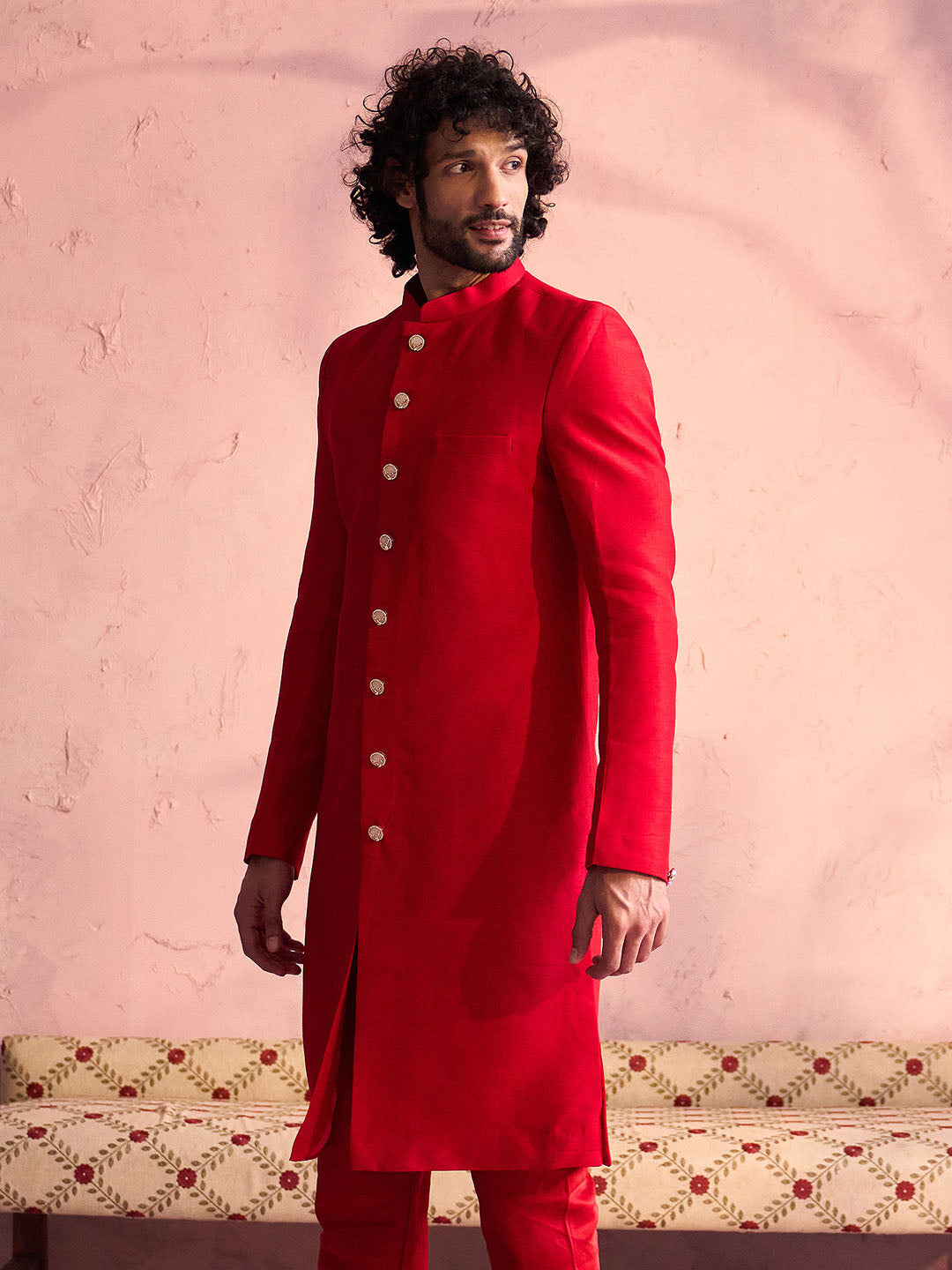 Vastramay Men's Red Silk Solid Sherwani Only Top