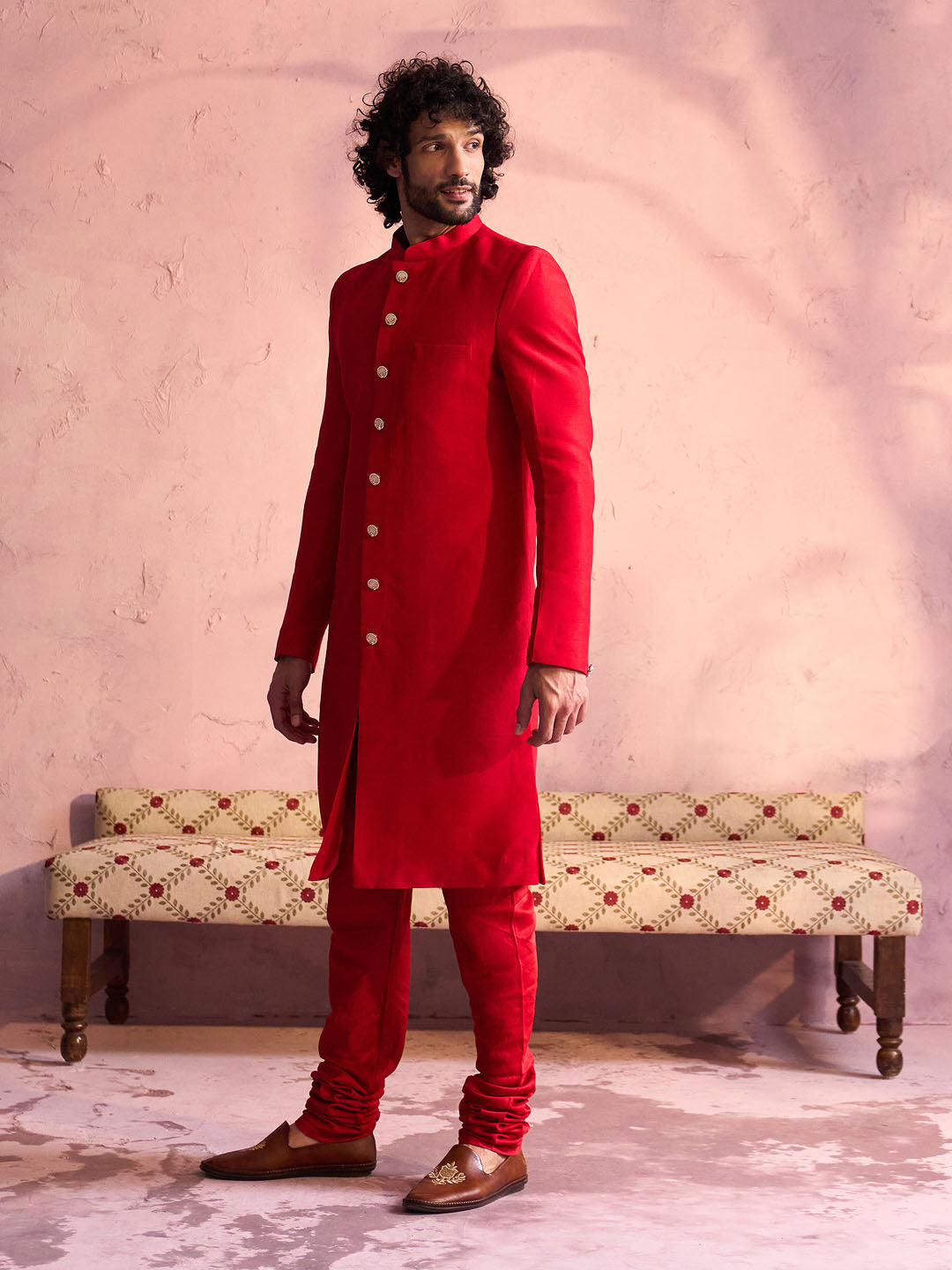Men's Red Silk Solid Sherwani Set