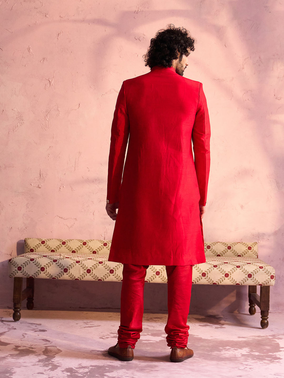 Men's Red Silk Solid Sherwani Set