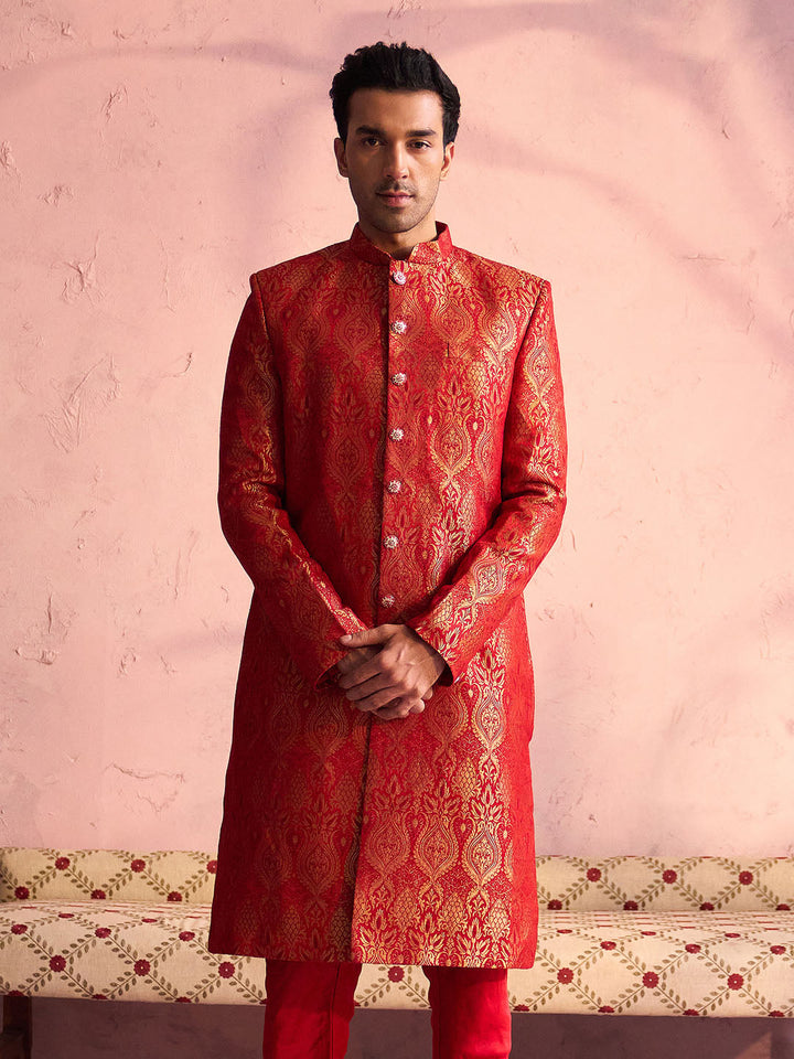 SHRESTHA By VASTRAMAY Men's Red Jacquard Sherwani Only Top