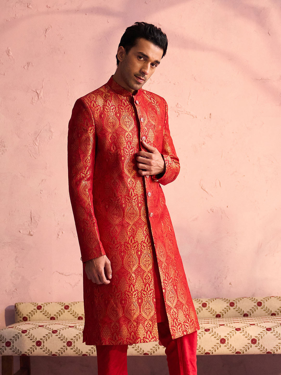 SHRESTHA By VASTRAMAY Men's Red Jacquard Sherwani Only Top