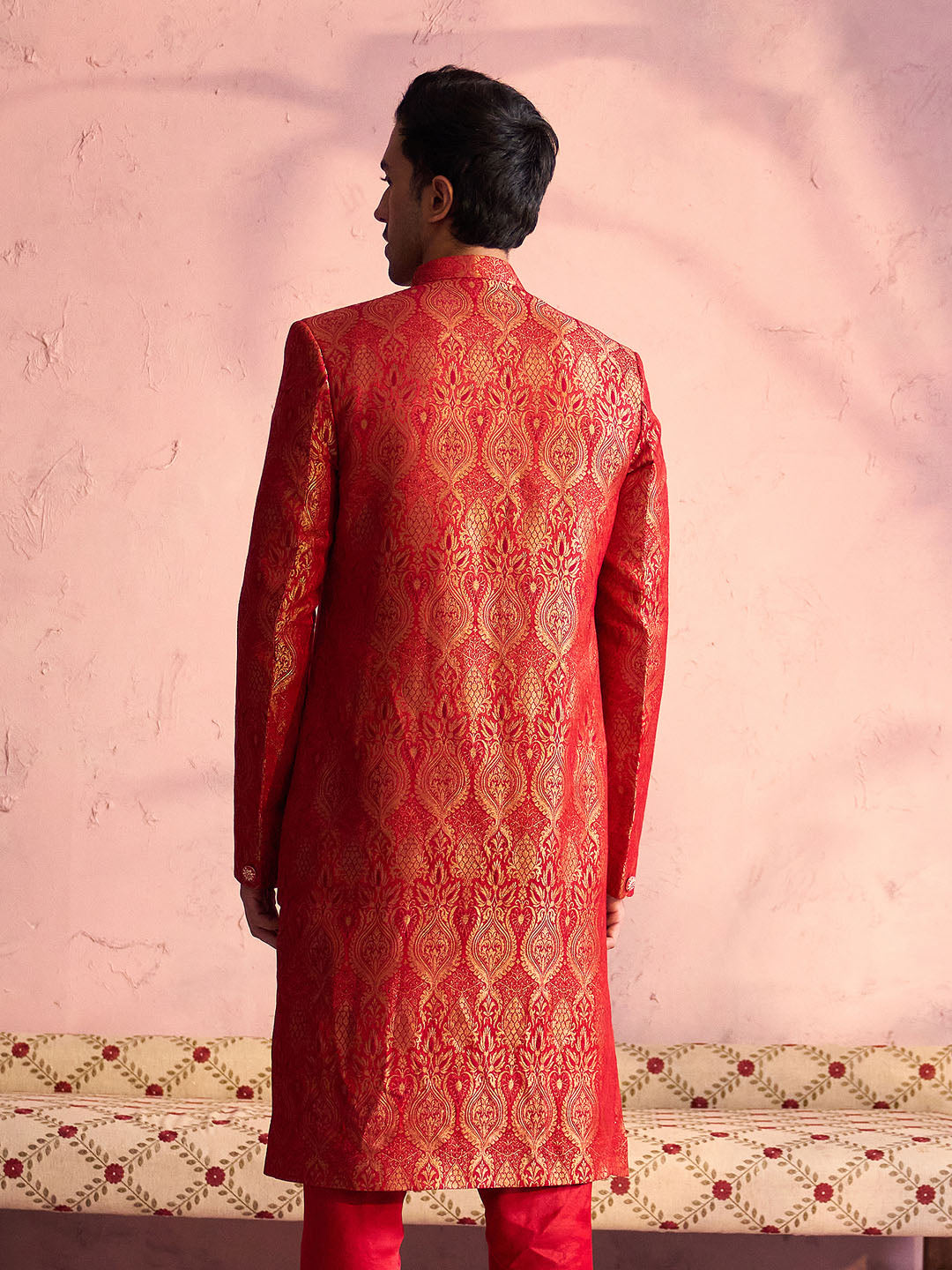 Vastramay Men's Red Jacquard Sherwani Only Top