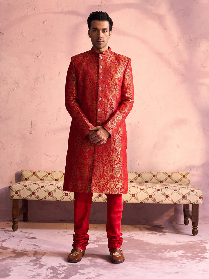 Vastramay Men's Red Jacquard Sherwani Set