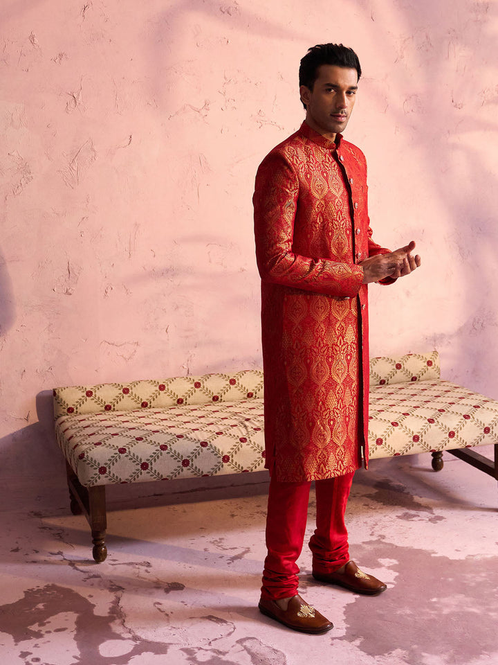 Vastramay Men's Red Jacquard Sherwani Set