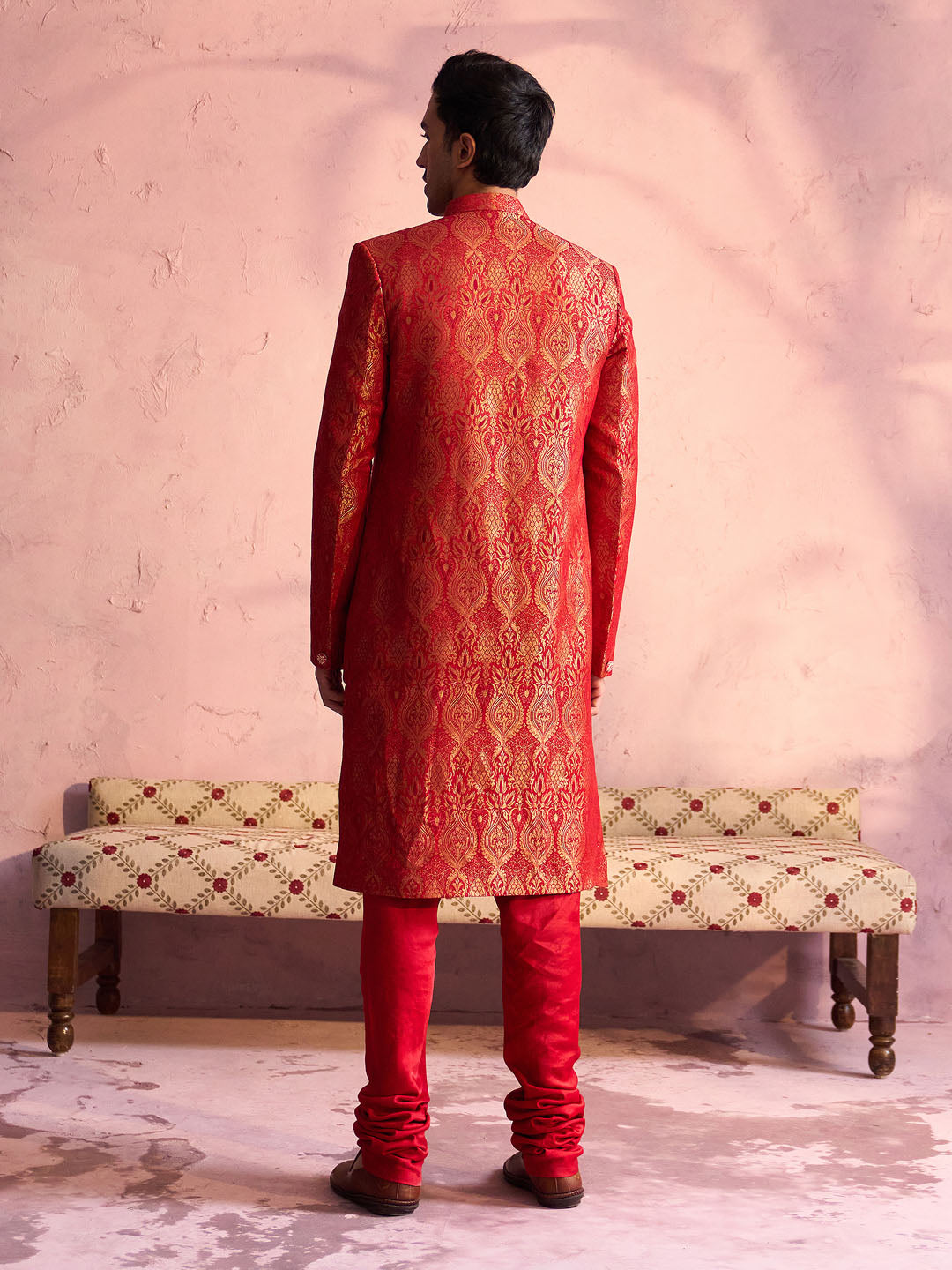 Vastramay Men's Red Jacquard Sherwani Set