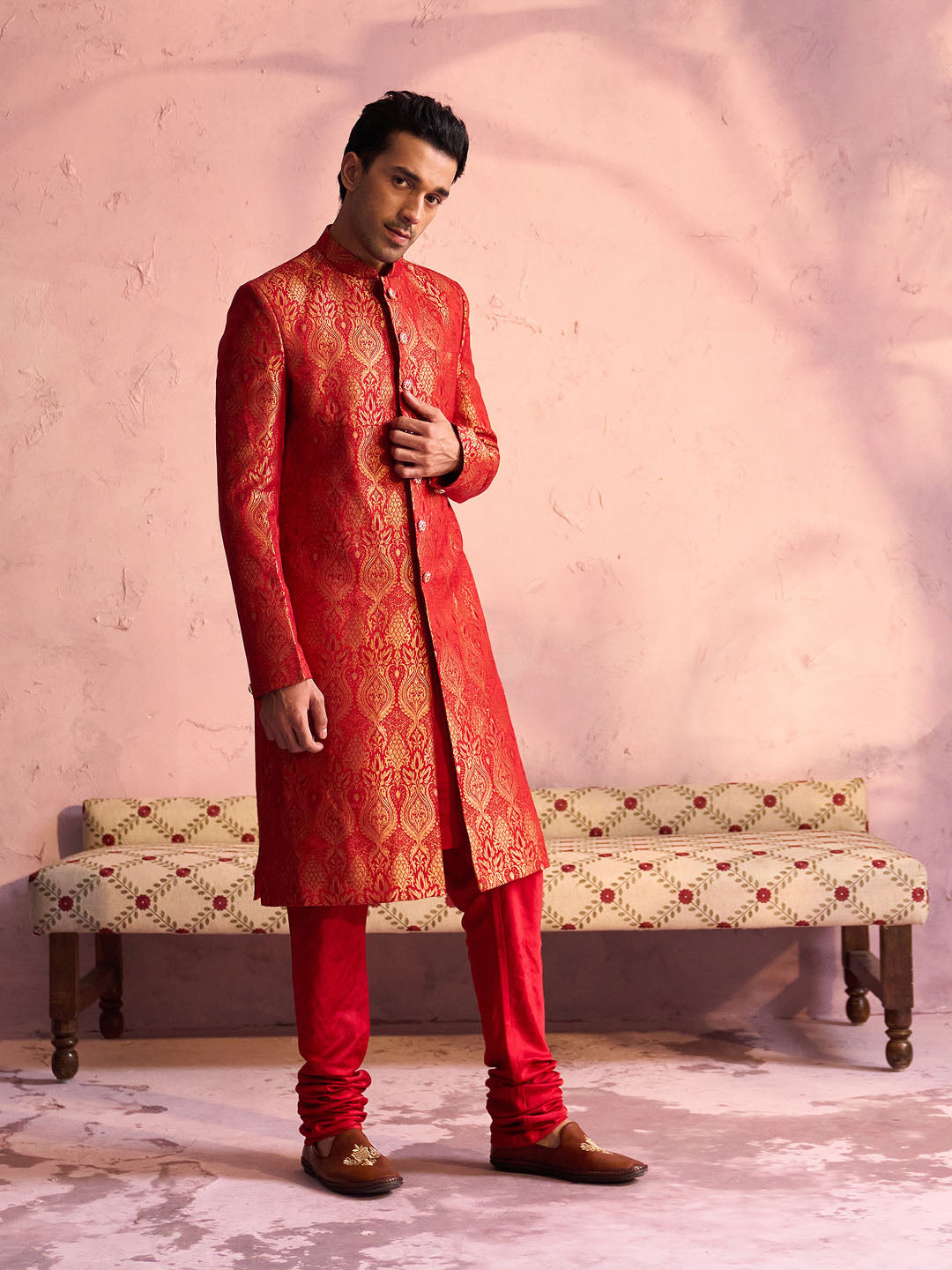 Vastramay Men's Red Jacquard Sherwani Set