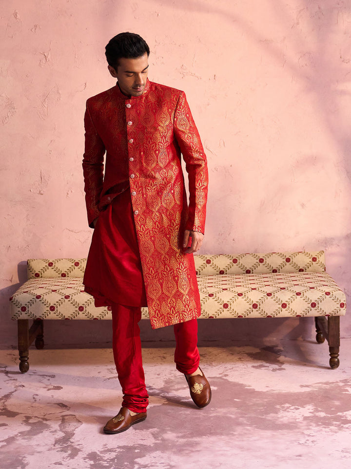 Vastramay Men's Red Jacquard Sherwani Set