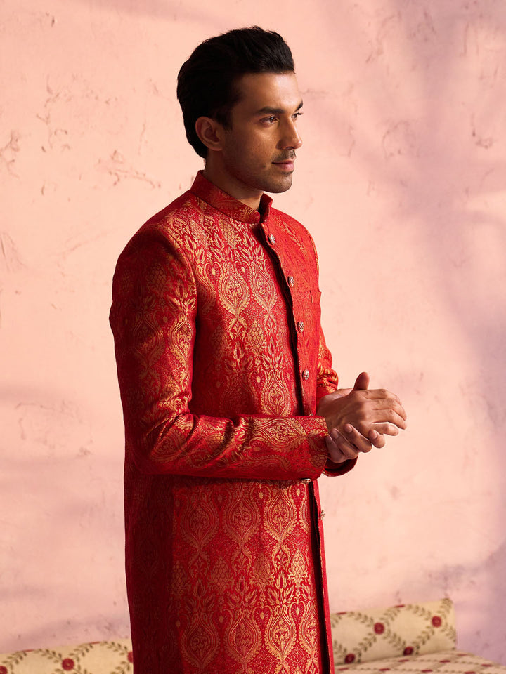 Vastramay Men's Red Jacquard Sherwani Set