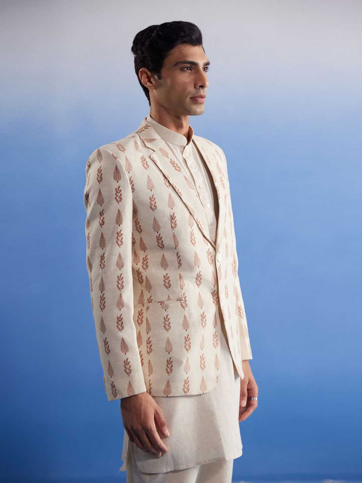 Vastramay Men's Cream Leaf Printed Blazer