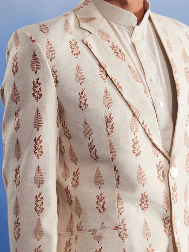 Vastramay Men's Cream Leaf Printed Blazer