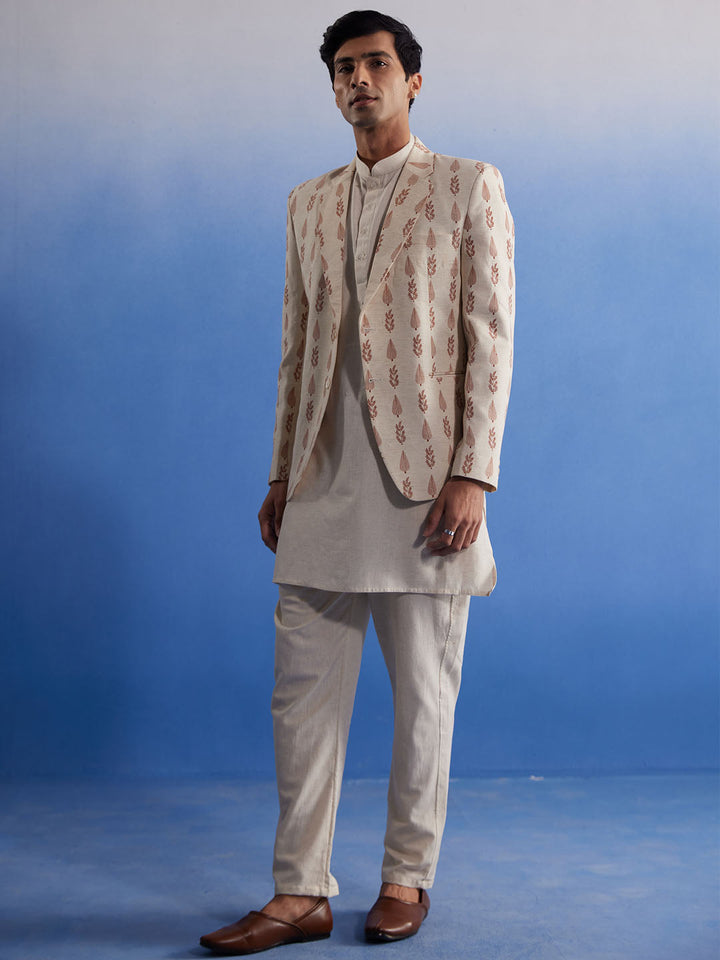 VASTRAMAY Men's Cream Leaf Printed Blazer With Kurta Pyjama Set