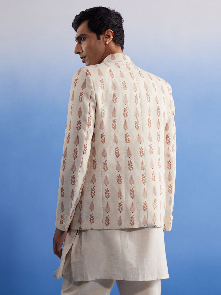 VASTRAMAY Men's Cream Leaf Printed Blazer With Kurta Pyjama Set