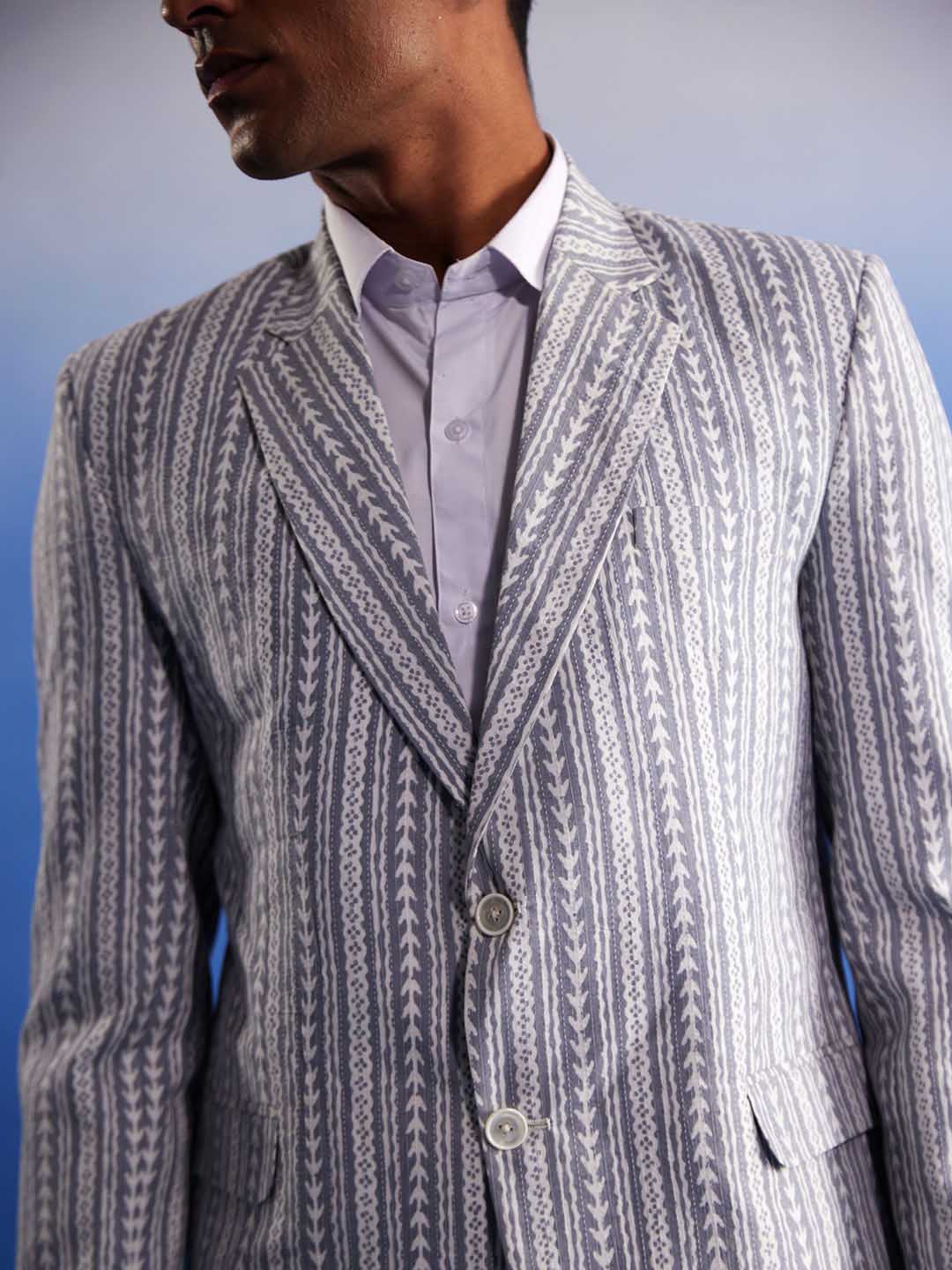 VASTRAMAY Men's Grey Aztec Printed Blazer