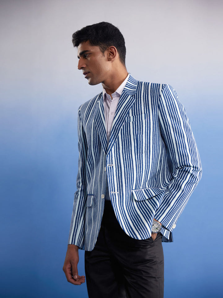 Vastramay Men's Blue And White Striped Blazer