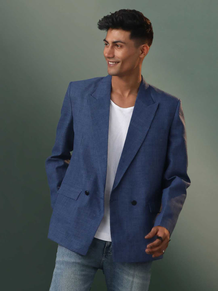 Vastramay Men's Blue Jute Cotton Blazer