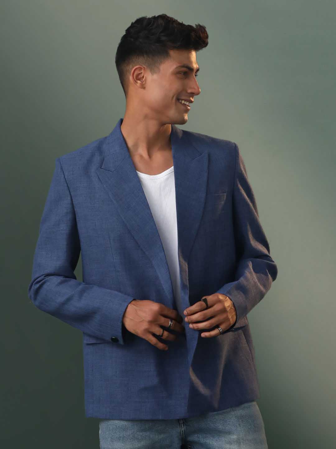 Vastramay Men's Blue Jute Cotton Blazer