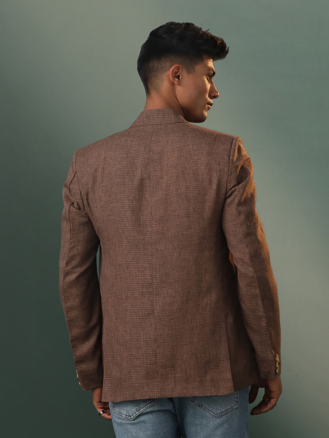 Vastramay Men's Brown Checked Cotton Blend Blazer