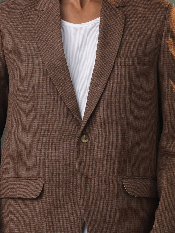 Vastramay Men's Brown Checked Cotton Blend Blazer