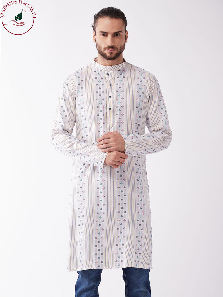 SHVAAS BY VASTRAMAY Men's Off White & Blue Geometric Striped Kurta