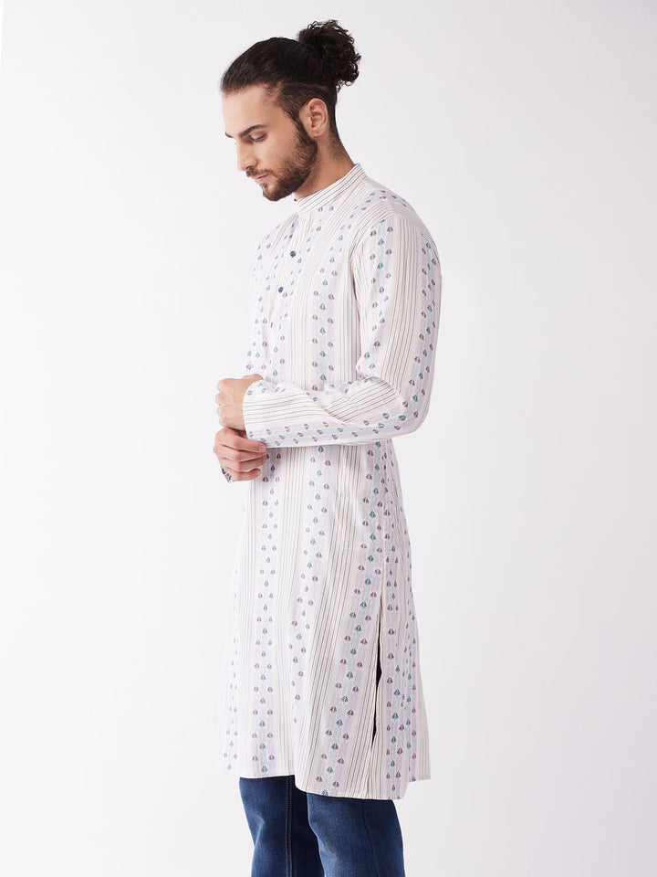 SHVAAS BY VASTRAMAY Men's Off White & Blue Geometric Striped Kurta