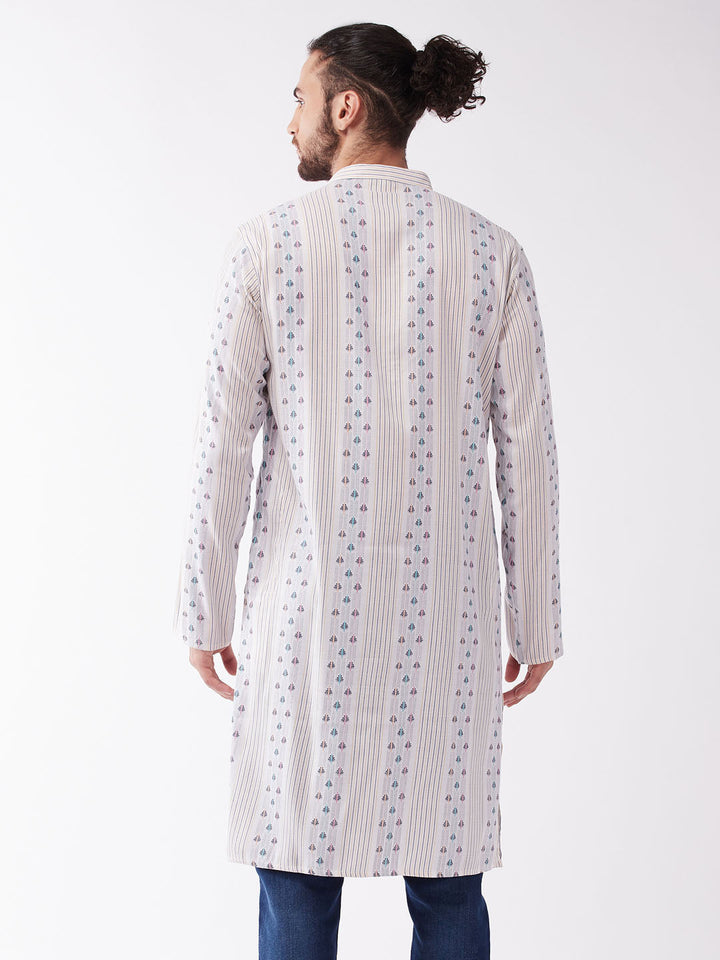 SHVAAS BY VASTRAMAY Men's Off White & Blue Geometric Striped Kurta