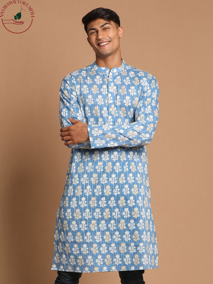 SHVAAS By VASTRAMAY Men's Blue Quirky Printed Thread Work Kurta