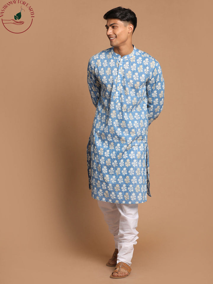 Vastramay Men's Blue Printed Pure Cotton Kurta With White Churidar