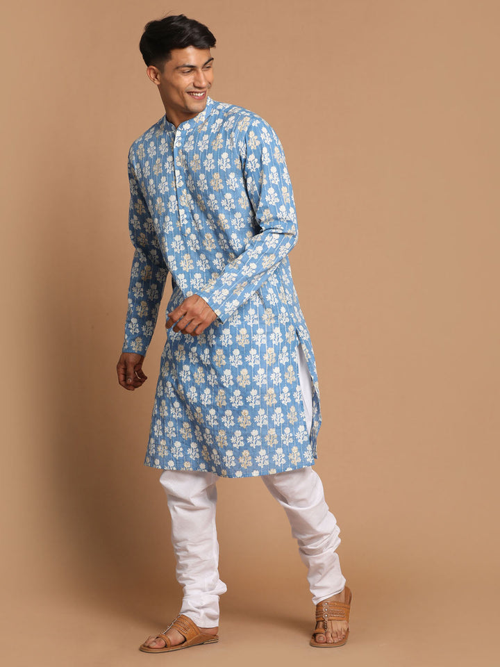 Vastramay Men's Blue Printed Pure Cotton Kurta With White Churidar