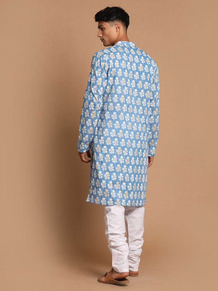 Vastramay Men's Blue Printed Pure Cotton Kurta With White Churidar