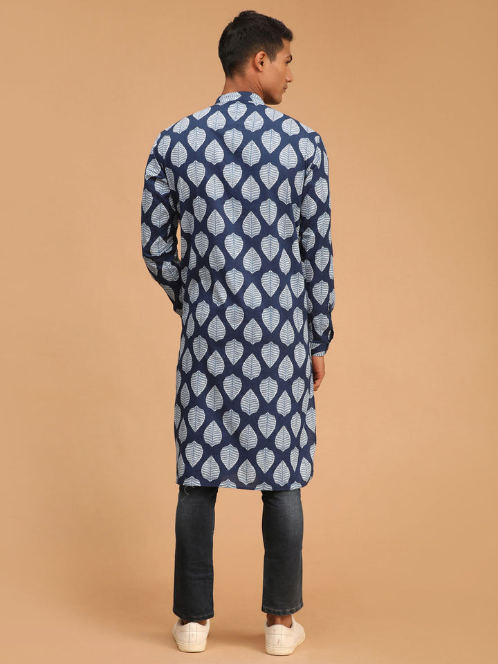 SHVAAS By VASTRAMAY Men's Blue Leaf Print cotton Kurta