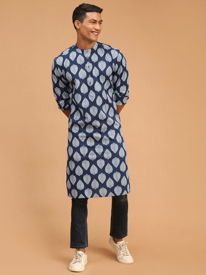 SHVAAS By VASTRAMAY Men's Blue Leaf Print cotton Kurta