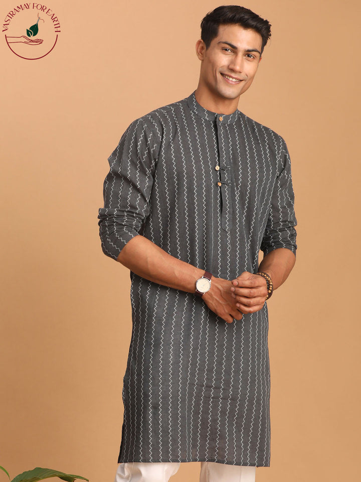 SHVAAS By VASTRAMAY Men's Grey jacquard Zig Zag Cotton Kurta