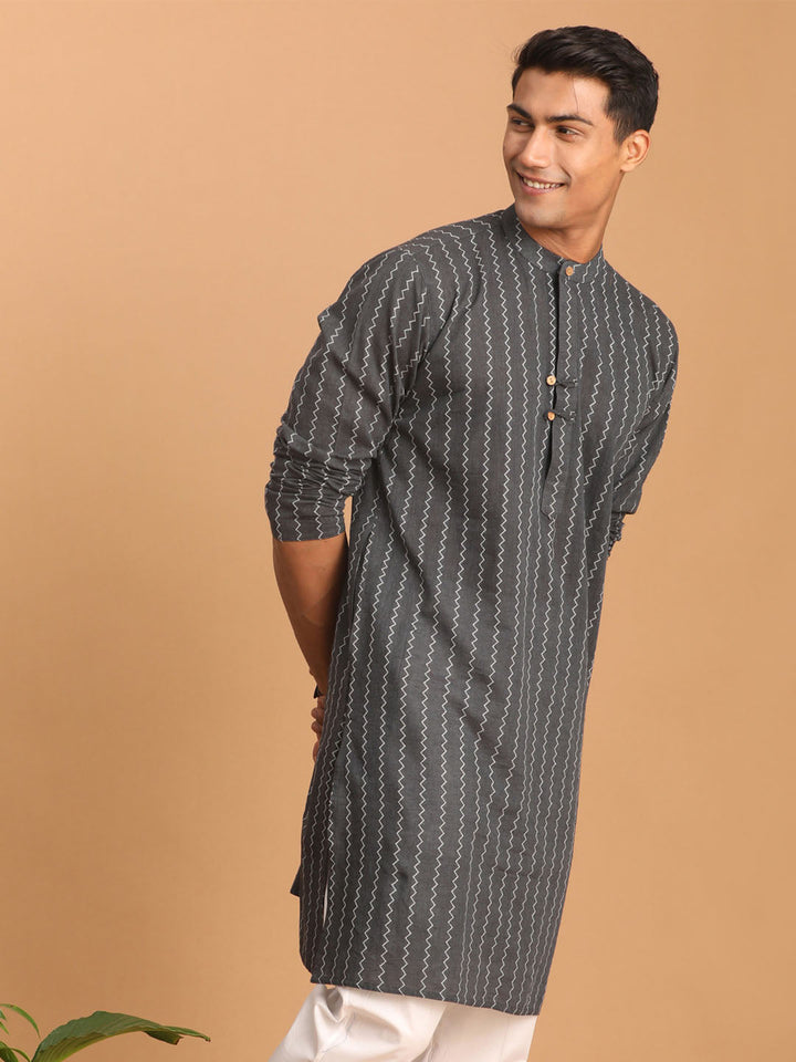 SHVAAS By VASTRAMAY Men's Grey jacquard Zig Zag Cotton Kurta