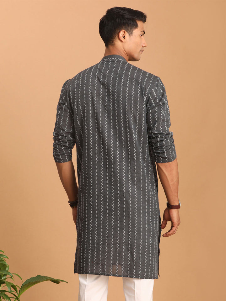 SHVAAS By VASTRAMAY Men's Grey jacquard Zig Zag Cotton Kurta