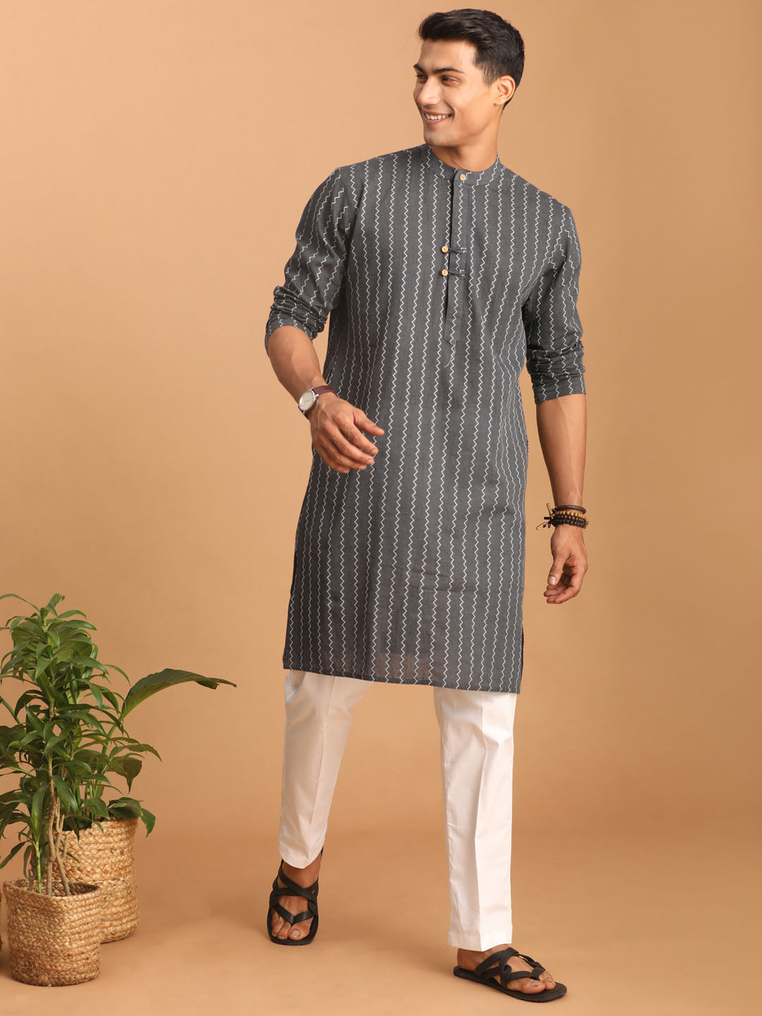 SHVAAS By VASTRAMAY Men's Grey jacquard Zig Zag Cotton Kurta