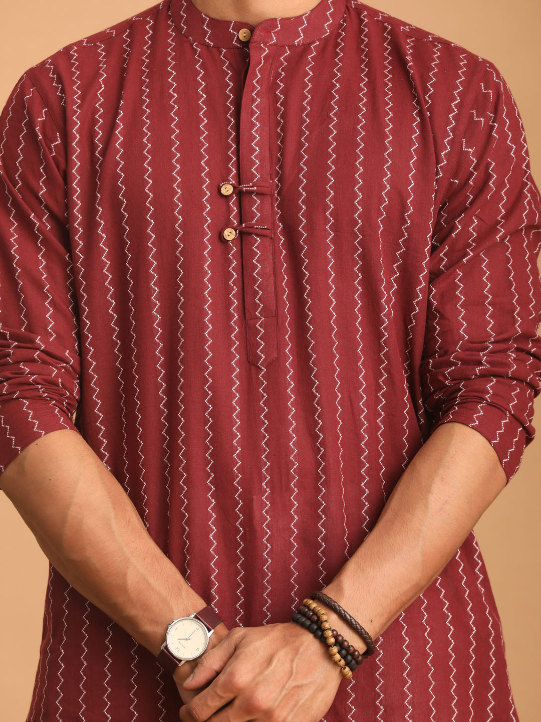 Men's Maroon Jacquard Zig Zag Cotton Kurta With Pant Set