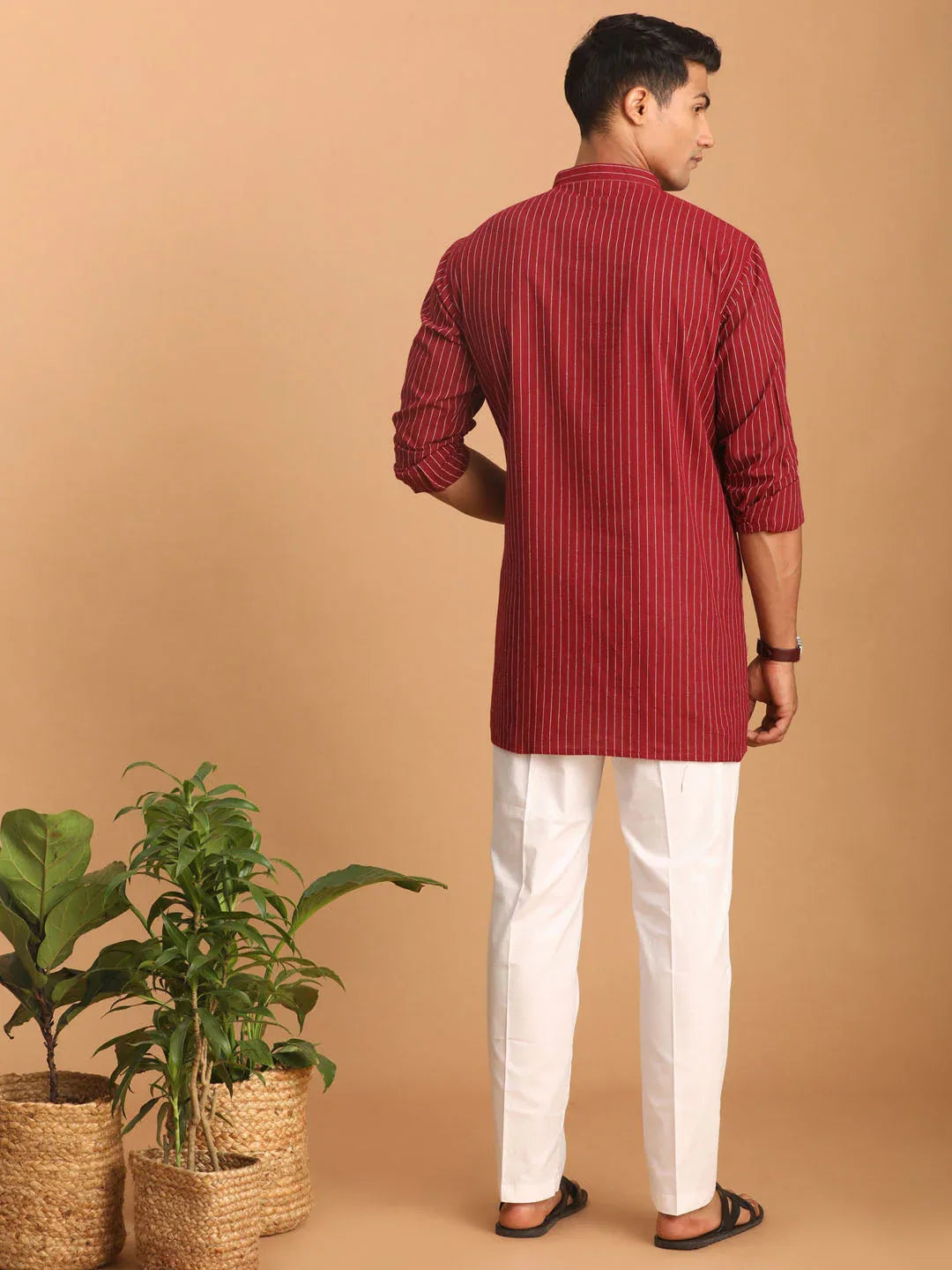 Men's Maroon Striped Cotton Short Kurta With White Pant Set