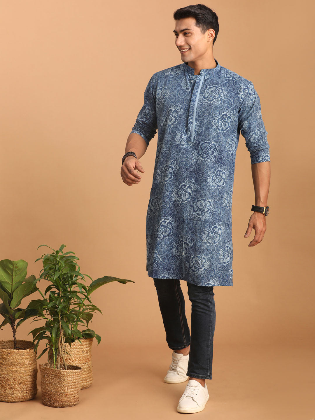 SHVAAS By VASTRAMAY Men's Blue Dot Printed Denim Kurta