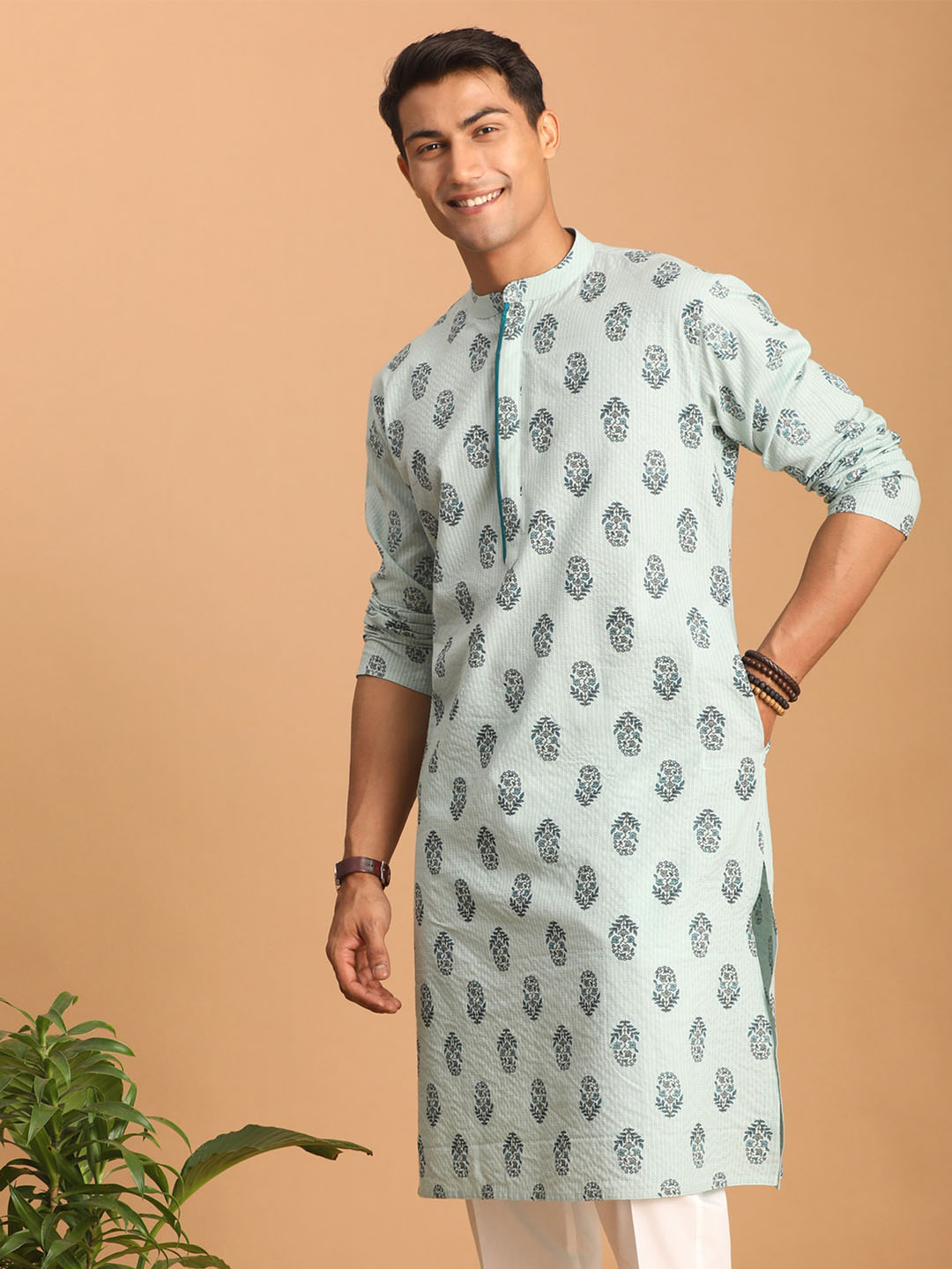 Men's Light Green Ethnic Motif Printed Kurta