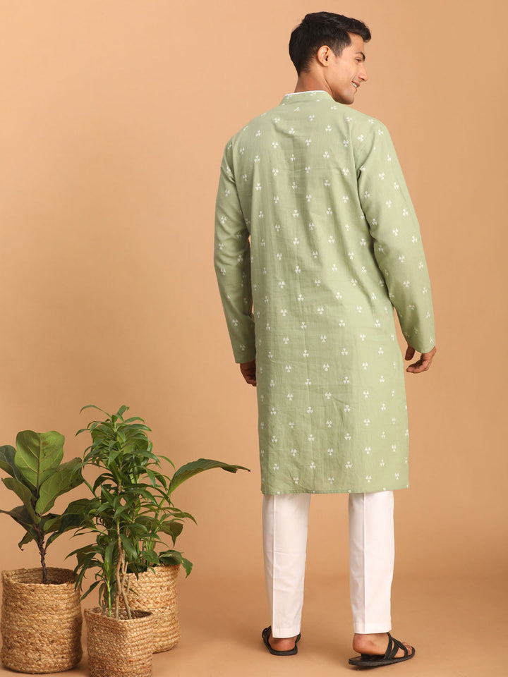 VASTRAMAY Men's Green Geometric Booti Jacquard Kurta with White Pant Set