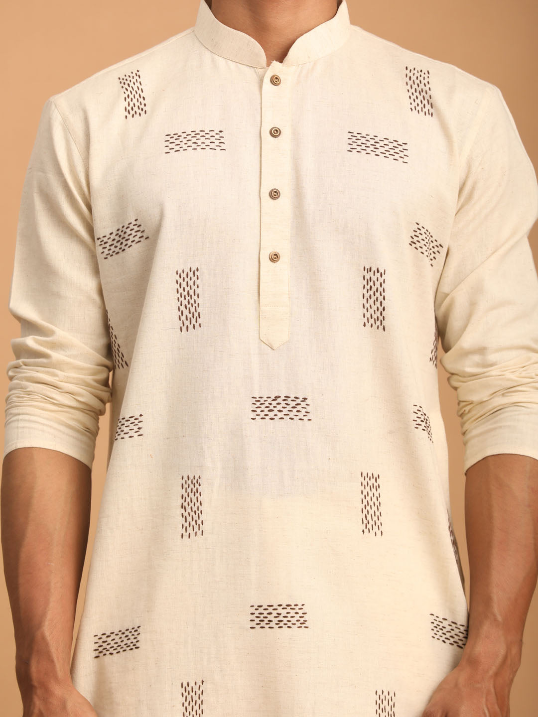 Men's Cream Katha Stich Embroidered Cotton Kurta With Cream Pant Set