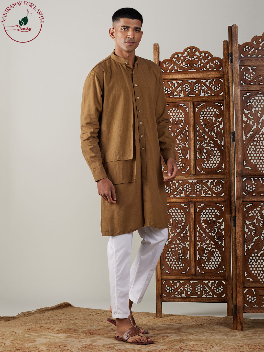 Vastramay Men's Coffee Cotton Cool Dyable Kurta with White Pant Set, perfect for casual and formal occasions, made with high-quality fabric