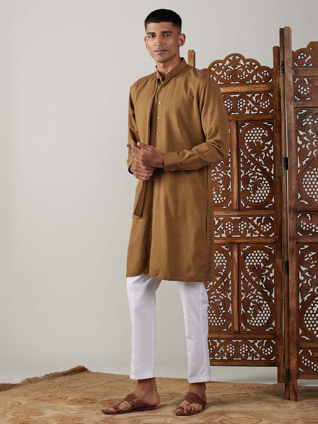 Men's Coffee Kurta with White Pant, perfect for casual occasions and gatherings