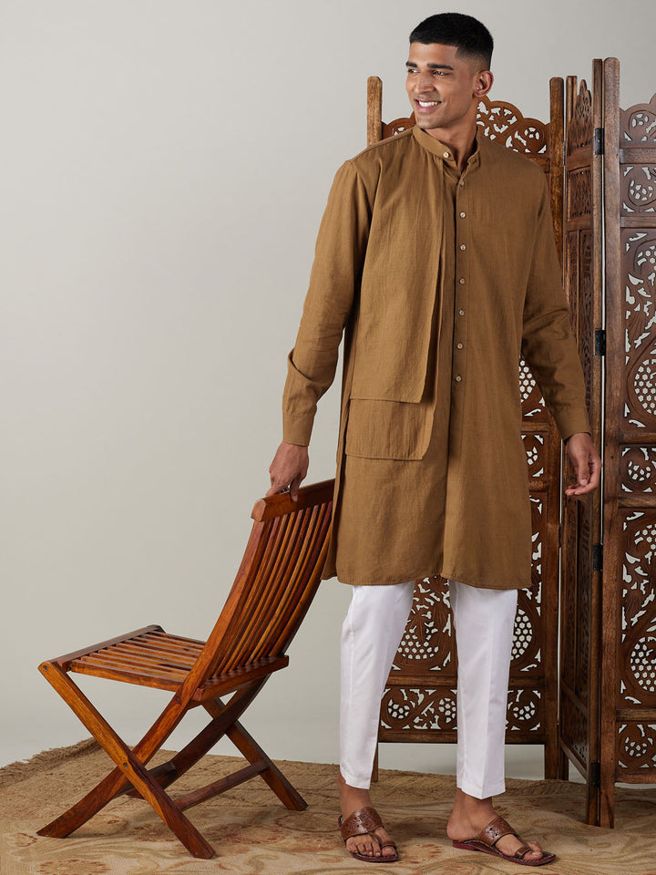 Vastramay Men's Coffee Cotton Cool Dyable Kurta with White Pant Set, stylish and comfortable ethnic wear for men