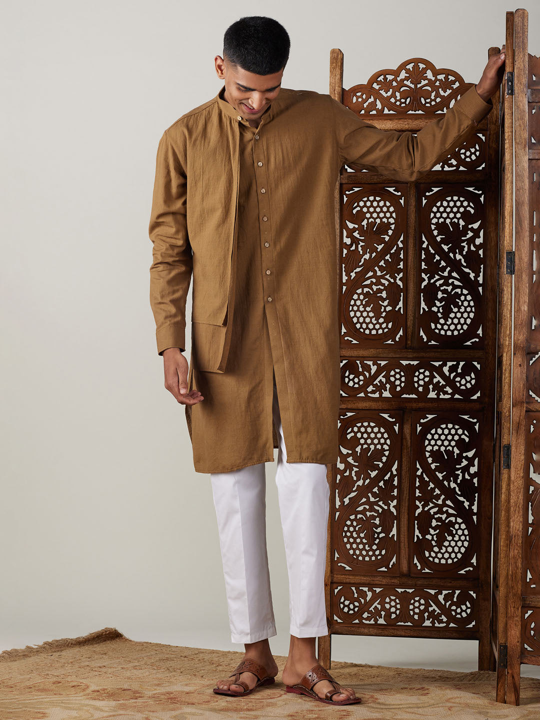 Vastramay Men's Coffee Cotton Cool Dyable Kurta with white Pant Set, perfect for traditional occasions and everyday wear, available in various sizes