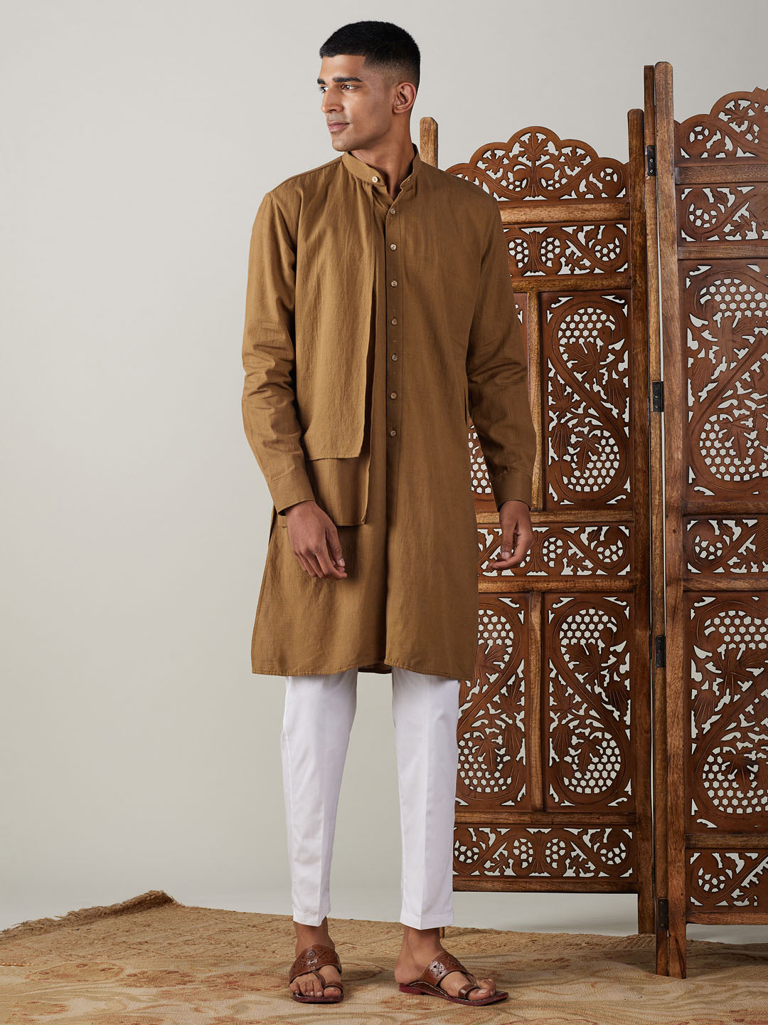 Vastramay's stylish and comfortable Men's Coffee Kurta paired with White Pant