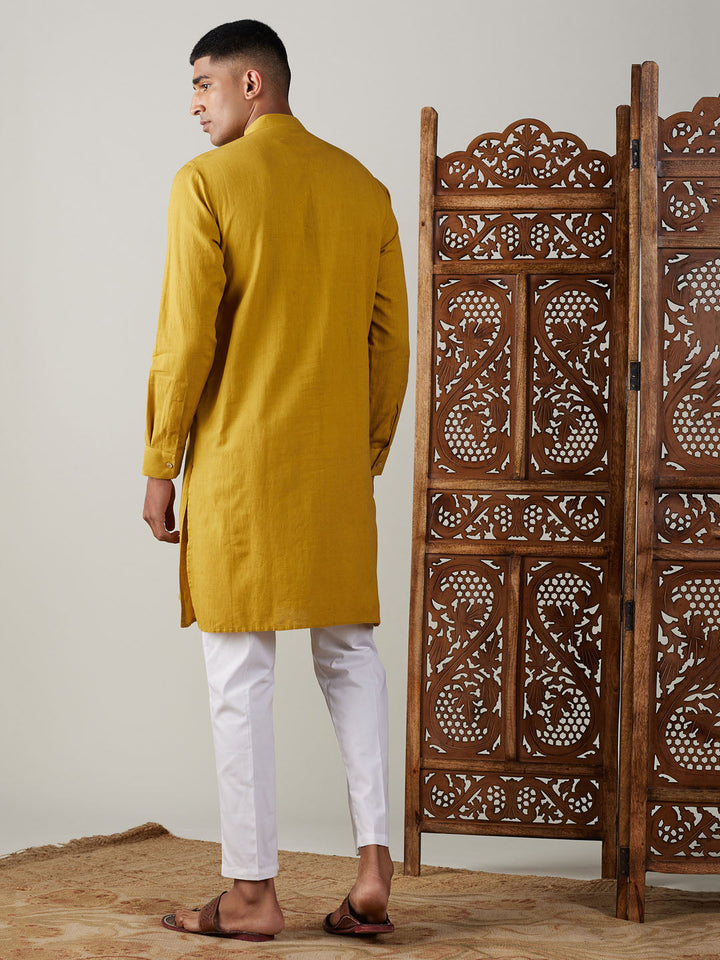  Front view of Vastramay Men's Mustard Cotton Cool Dyable Kurta with white Pant Set