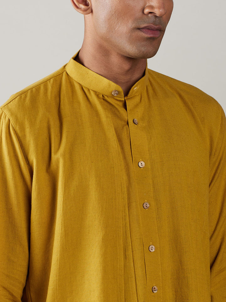 Vastramay Men's Mustard Cotton Cool Dyable Kurta with white Pant Set outfit with intricate embroidery and traditional design